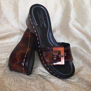 Donald J Pliner “Sukey” brown faux alligator wedge slides with buckle  (size 8)